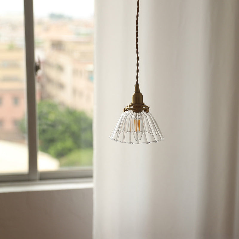 Traditional Vintage Brass Semi-Conical Glass Shade 1-Light Pendant Light For Living Room