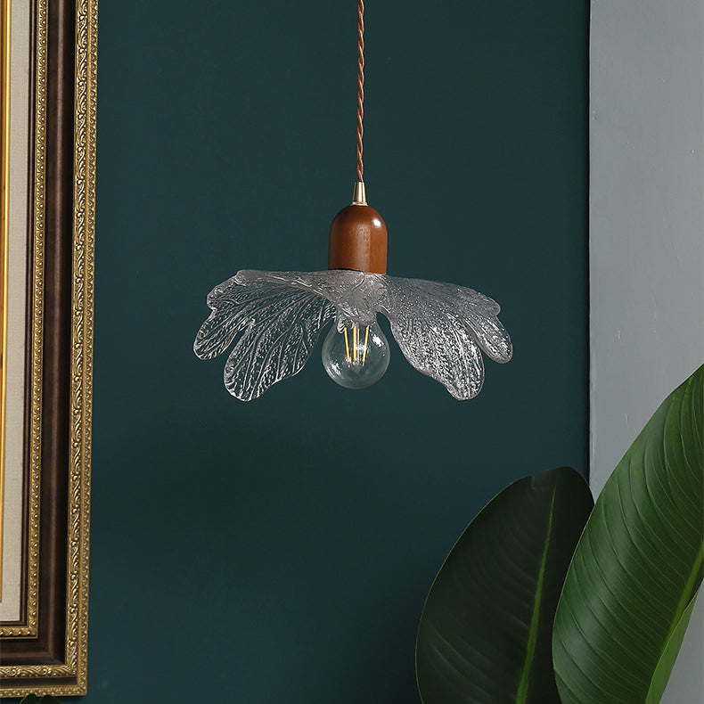 Traditional Vintage Brass Flower Glass Shade Solid Wood 1-Light Pendant Light For Living Room