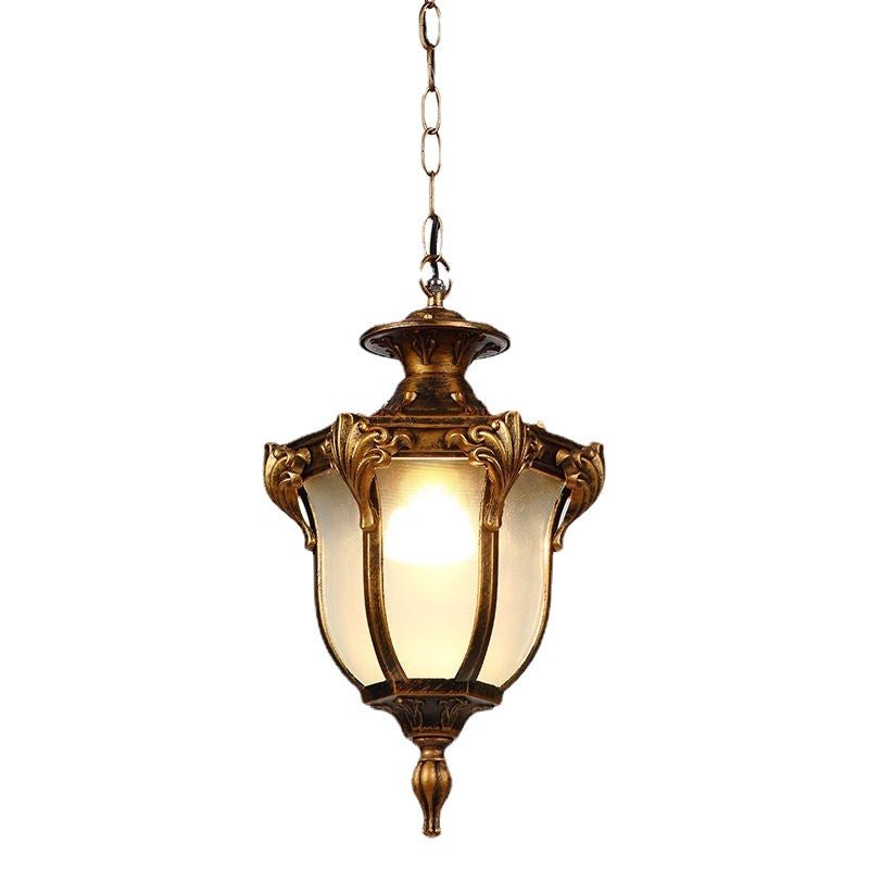 Traditional Vintage Aluminum Polygon Glass 1-Light Waterproof Outdoor Pendant Light For Garden
