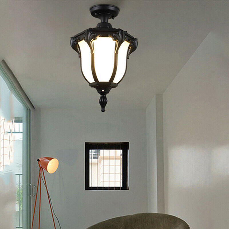 Traditional Vintage Aluminum Polygon Glass 1-Light Waterproof Outdoor Semi-Flush Mount Ceiling Light For Garden