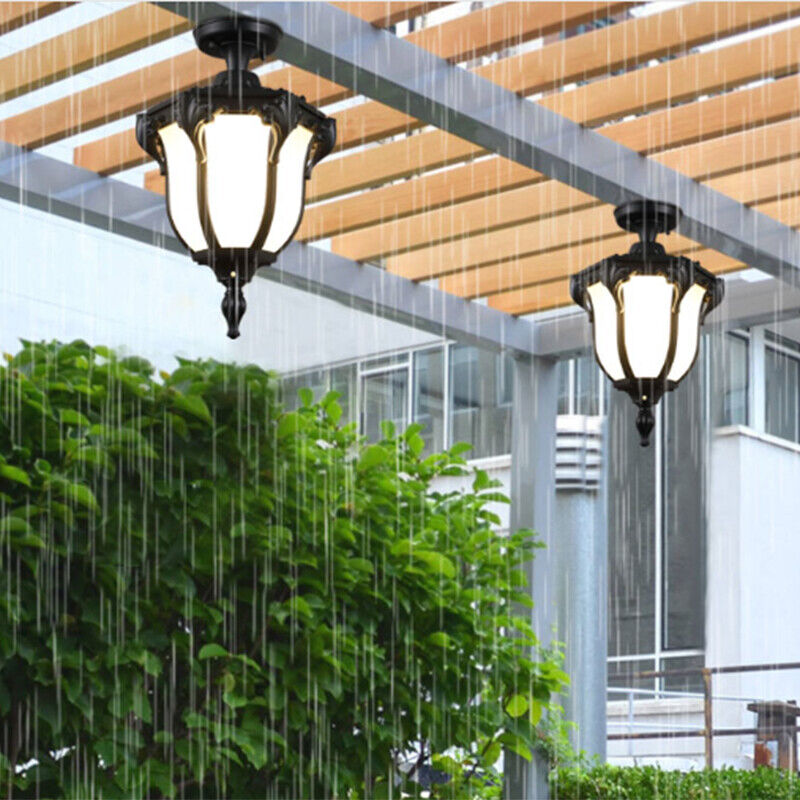 Traditional Vintage Aluminum Polygon Glass 1-Light Waterproof Outdoor Semi-Flush Mount Ceiling Light For Garden