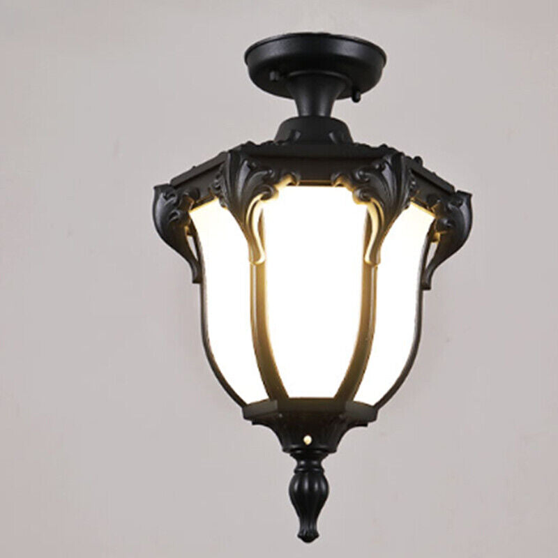 Traditional Vintage Aluminum Polygon Glass 1-Light Waterproof Outdoor Semi-Flush Mount Ceiling Light For Garden