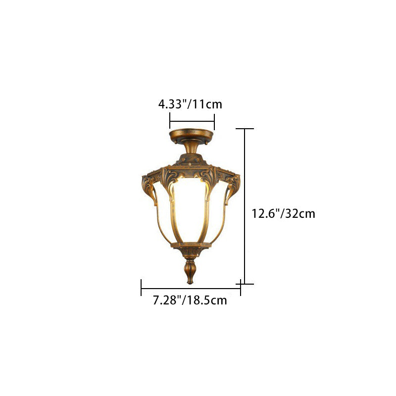 Traditional Vintage Aluminum Polygon Glass 1-Light Waterproof Outdoor Semi-Flush Mount Ceiling Light For Garden