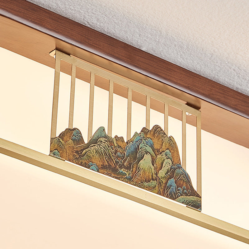 مصباح سقف LED بتصميم مكعب هندسي من خشب الجوز بإطار نحاسي صيني تقليدي لغرفة المعيشة