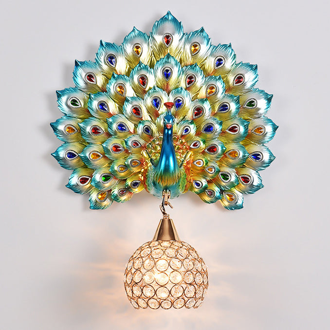 Contemporary Creative Resin Peacock Crystal Ball Shade 1-Light Wall Sconce Lamp For Living Room