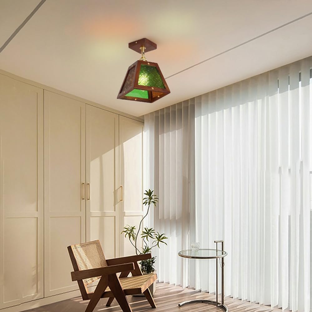 Traditional Vintage Wood Begonia Trapezoid Glass Shade 1-Light Semi-Flush Mount Ceiling Light For Living Room