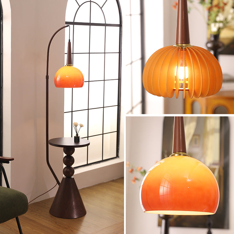 Contemporary Retro Glass Round Shade Solid Wood Shelves 1-Light Standing Floor Lamp For Home Office