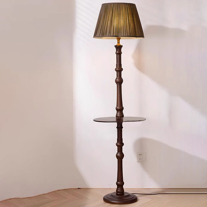 Contemporary Retro Pleated Fabric Shade Wooden Pole Base 1-Light Standing Floor Lamp For Home Office