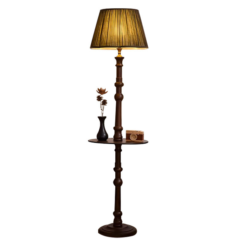 Contemporary Retro Pleated Fabric Shade Wooden Pole Base 1-Light Standing Floor Lamp For Home Office