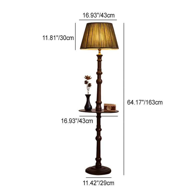 Contemporary Retro Pleated Fabric Shade Wooden Pole Base 1-Light Standing Floor Lamp For Home Office