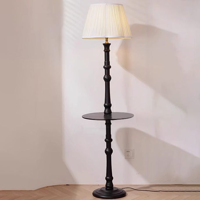 Contemporary Retro Pleated Fabric Shade Wooden Pole Base 1-Light Standing Floor Lamp For Home Office