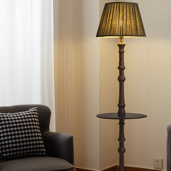 Contemporary Retro Pleated Fabric Shade Wooden Pole Base 1-Light Standing Floor Lamp For Home Office