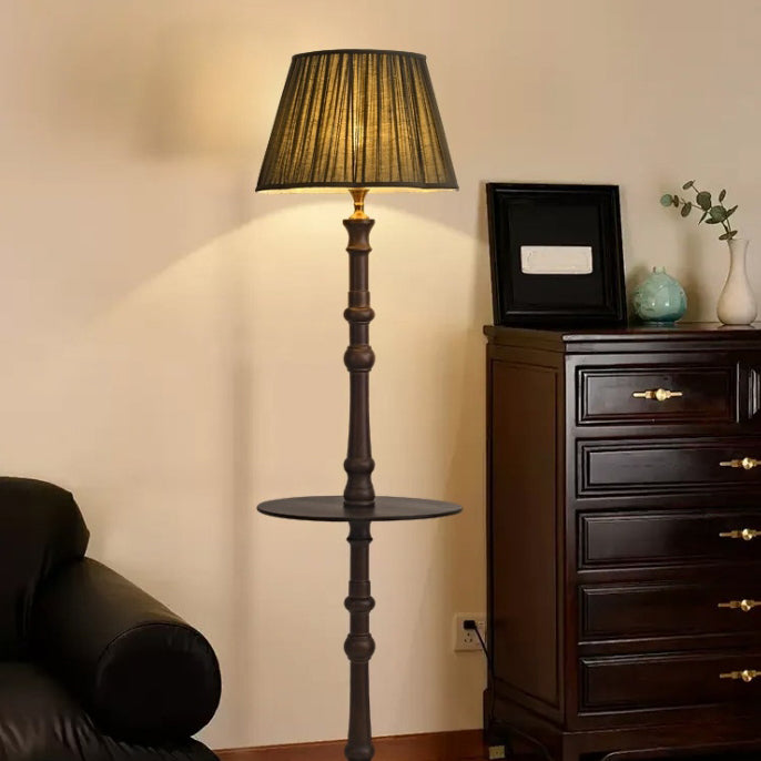 Contemporary Retro Pleated Fabric Shade Wooden Pole Base 1-Light Standing Floor Lamp For Home Office