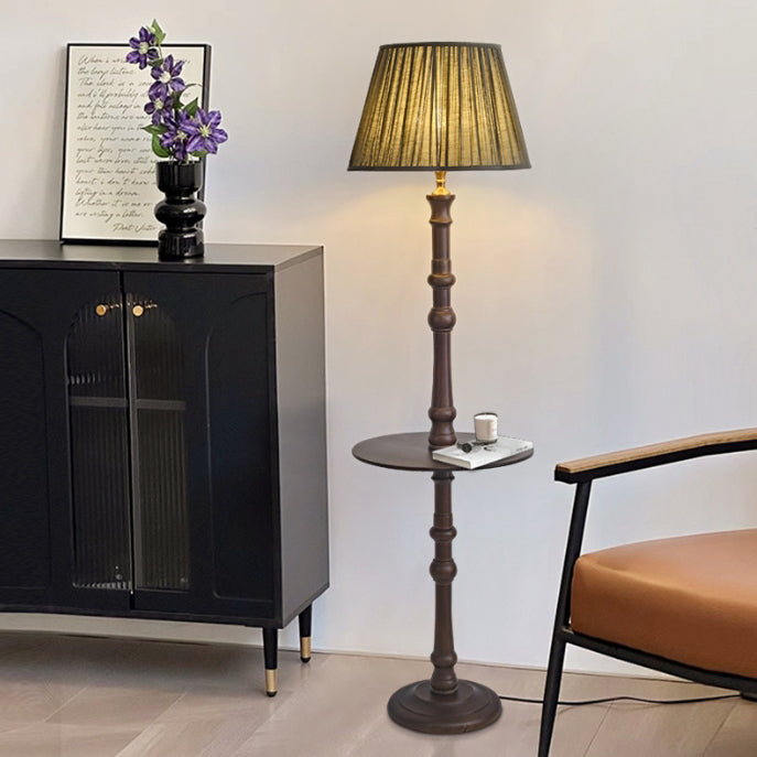 Contemporary Retro Pleated Fabric Shade Wooden Pole Base 1-Light Standing Floor Lamp For Home Office