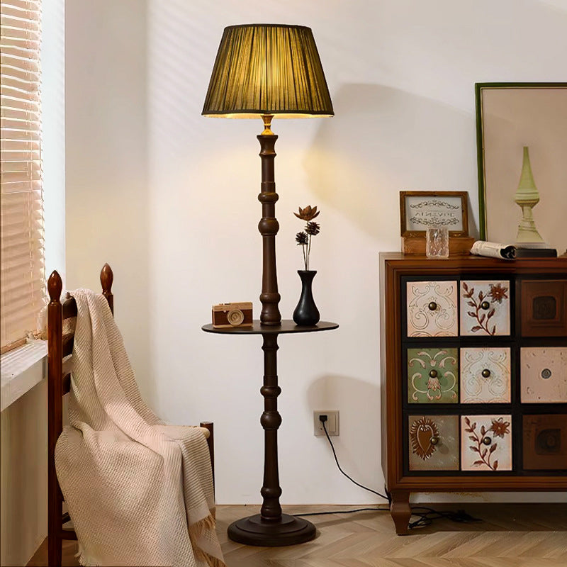 Contemporary Retro Pleated Fabric Shade Wooden Pole Base 1-Light Standing Floor Lamp For Home Office