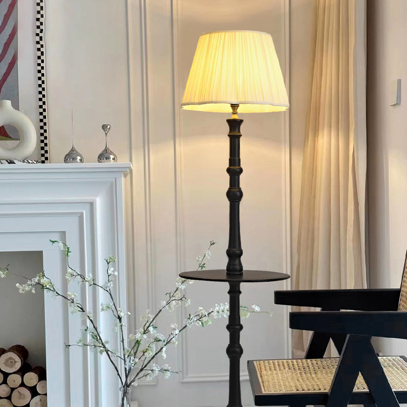 Contemporary Retro Pleated Fabric Shade Wooden Pole Base 1-Light Standing Floor Lamp For Home Office