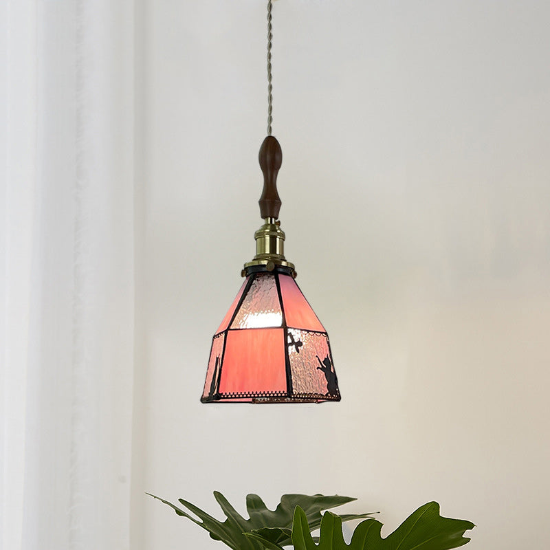Traditional Vintage Pastoral Brass Glass Shade 1-Light Pendant Light For Living Room