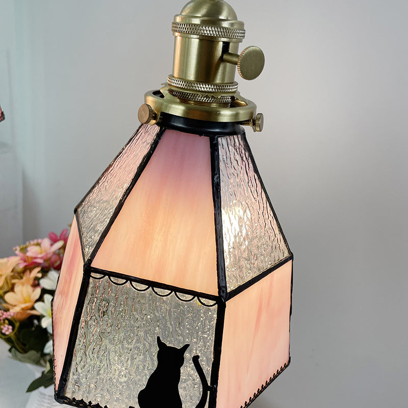 Traditional Vintage Pastoral Brass Glass Shade 1-Light Pendant Light For Living Room