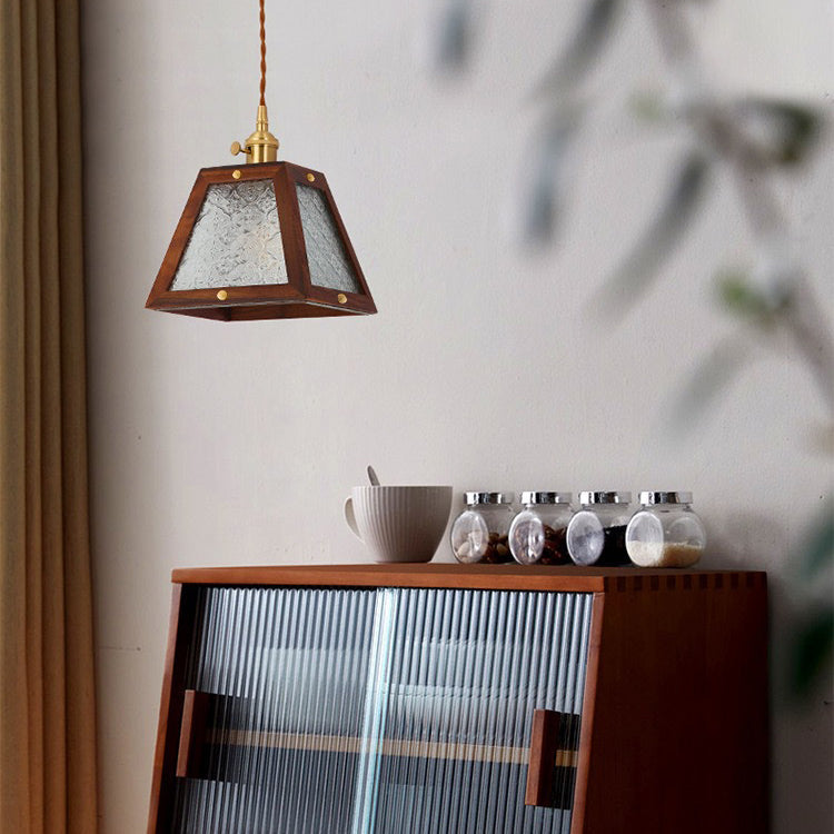 Traditional Vintage Solid Wood Flower Patterned Begonia Glass Shade 1-Light Pendant Light For Living Room