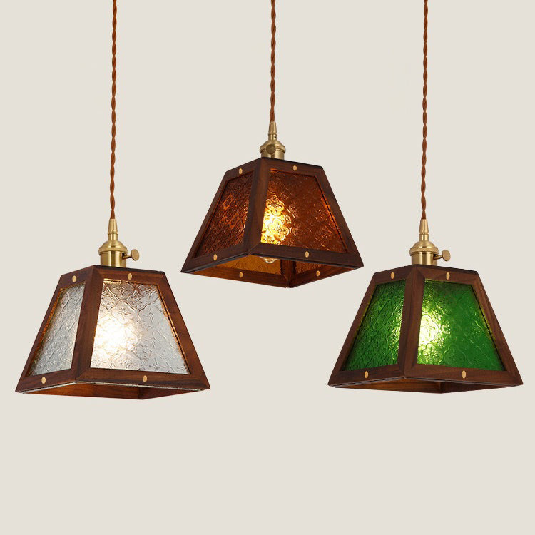 Traditional Vintage Solid Wood Flower Patterned Begonia Glass Shade 1-Light Pendant Light For Living Room