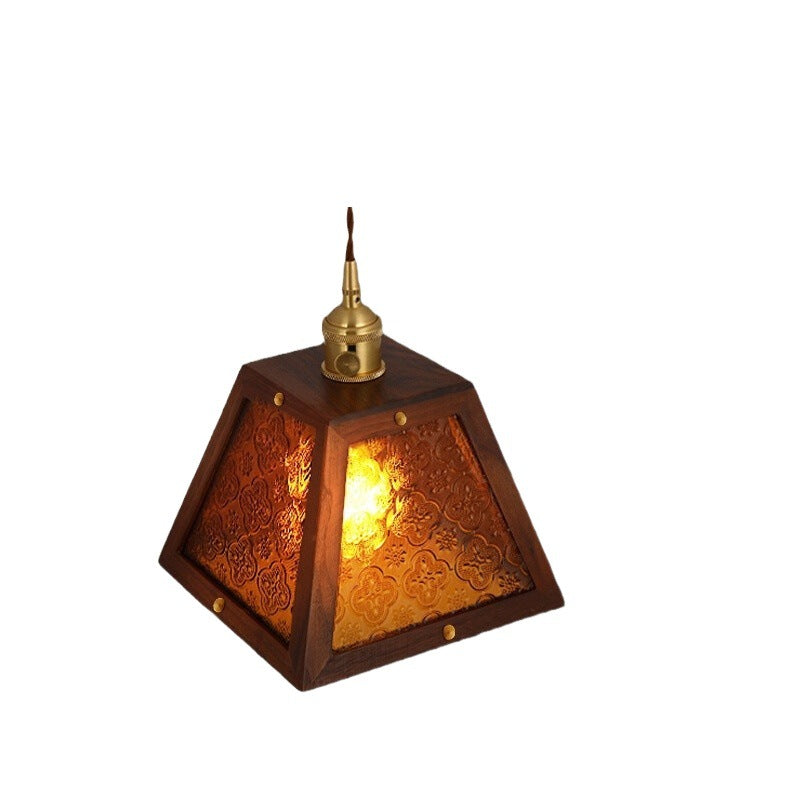 Traditional Vintage Solid Wood Flower Patterned Begonia Glass Shade 1-Light Pendant Light For Living Room