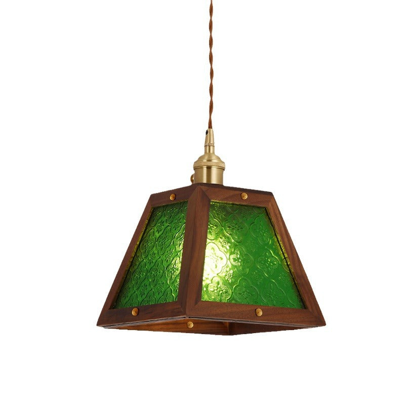 Traditional Vintage Solid Wood Flower Patterned Begonia Glass Shade 1-Light Pendant Light For Living Room