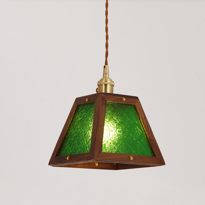 Traditional Vintage Solid Wood Flower Patterned Begonia Glass Shade 1-Light Pendant Light For Living Room