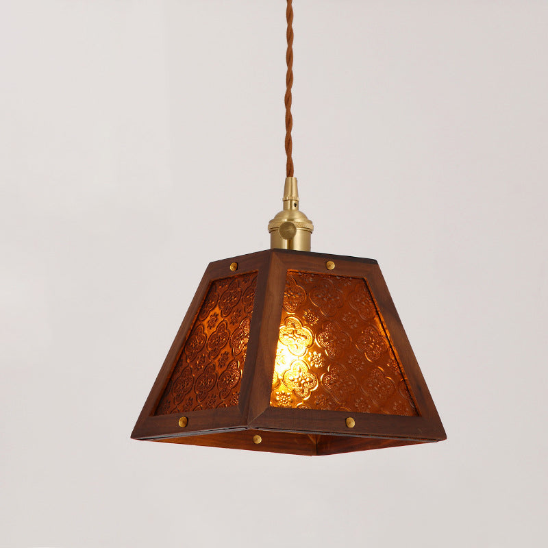 Traditional Vintage Solid Wood Flower Patterned Begonia Glass Shade 1-Light Pendant Light For Living Room