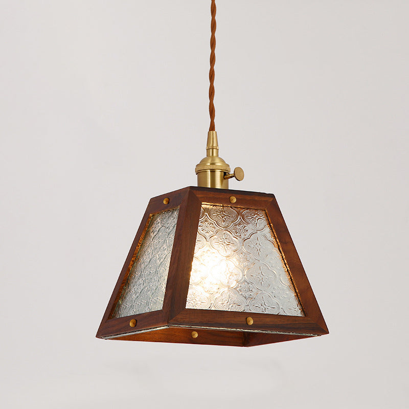 Traditional Vintage Solid Wood Flower Patterned Begonia Glass Shade 1-Light Pendant Light For Living Room