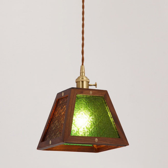 Traditional Vintage Solid Wood Flower Patterned Begonia Glass Shade 1-Light Pendant Light For Living Room