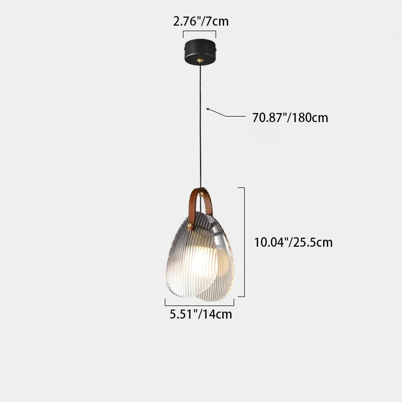 Contemporary Nordic Leather Vertical Striped Glass Round Shade 1-Light Pendant Light For Bedroom