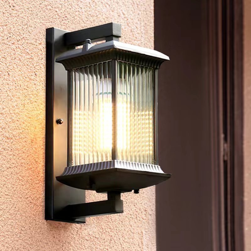 Traditional Chinese Aluminum Glass Column 1-Light Outdoor Wall Sconce Lamp For Garden