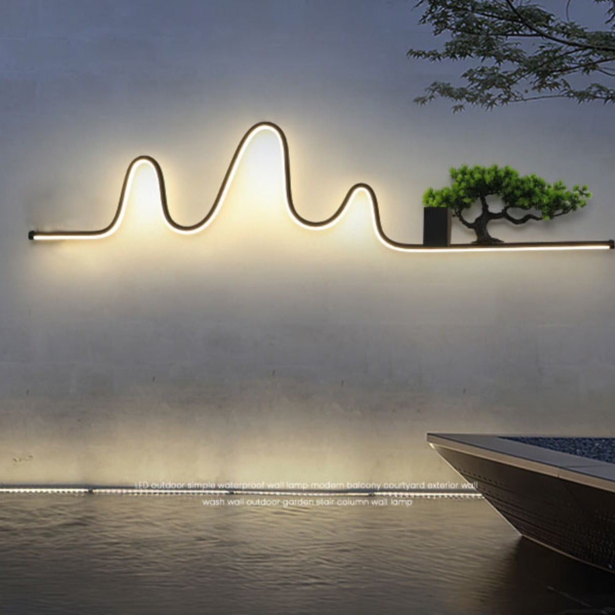 Contemporary Creative Aluminum Arc Linear PVC Simulated Pine Wood LED Waterproof Outdoor Wall Sconce Lamp For Garden