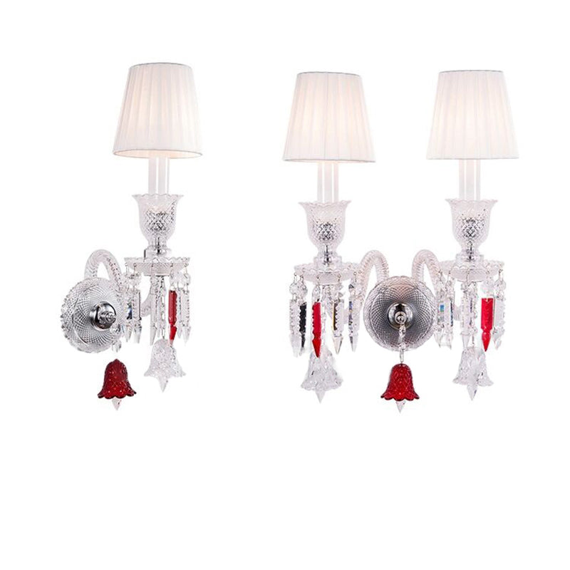 Traditional European Glass Crystal Candlestick Fabric Shade 1/2-Light Wall Sconce Lamp For Living Room