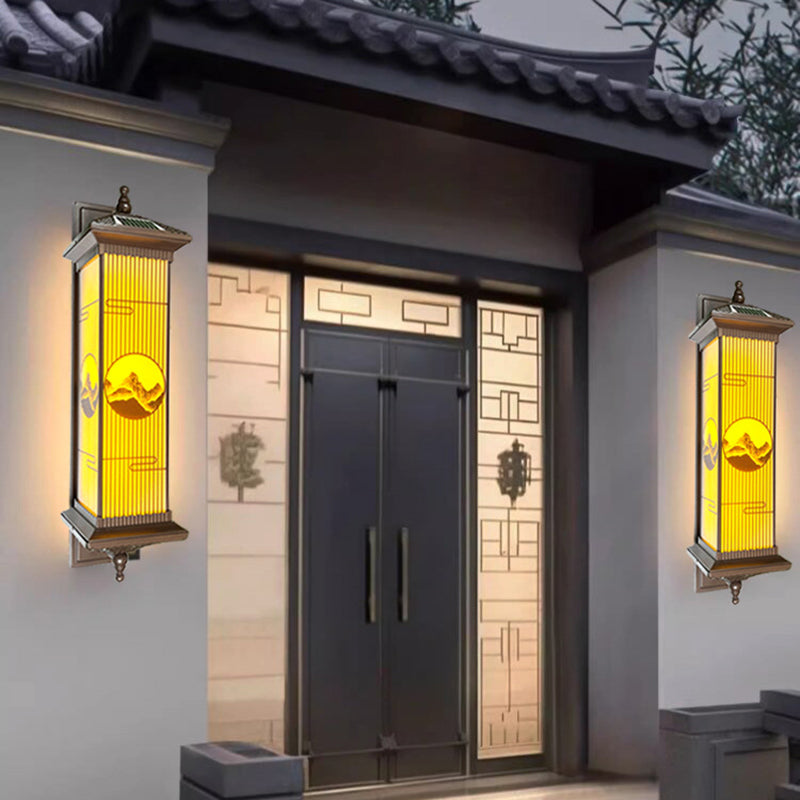 Traditional Chinese Aluminum Glass Rectangular LED Solar Waterproof Outdoor Wall Sconce Lamp For Garden