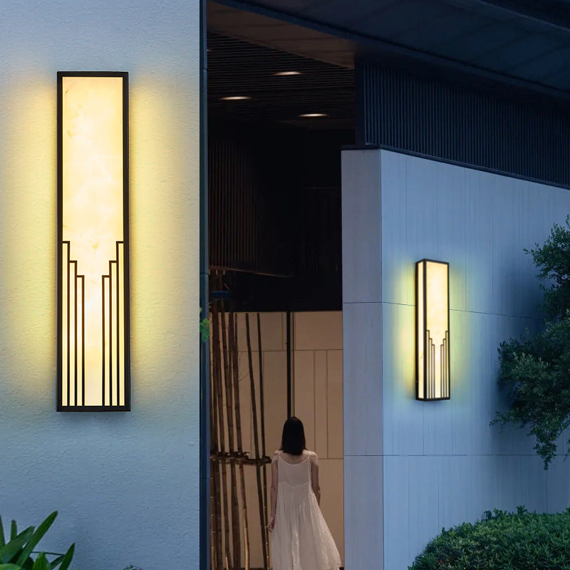 Traditional Chinese Stainless Steel Rectangular Imitation Marble Shade LED Outdoor Wall Sconce Lamp For Garden