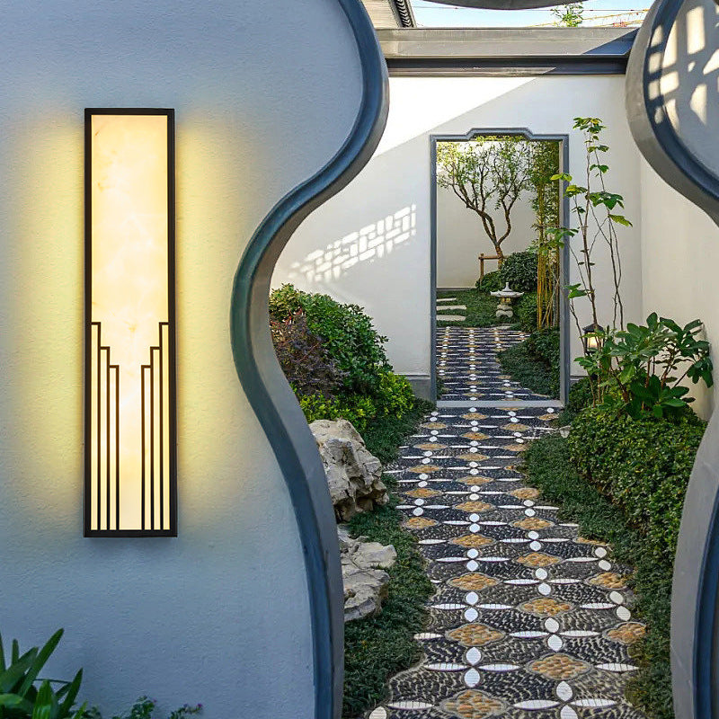 Traditional Chinese Stainless Steel Rectangular Imitation Marble Shade LED Outdoor Wall Sconce Lamp For Garden
