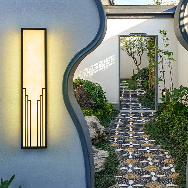 Traditional Chinese Stainless Steel Rectangular Imitation Marble Shade LED Outdoor Wall Sconce Lamp For Garden