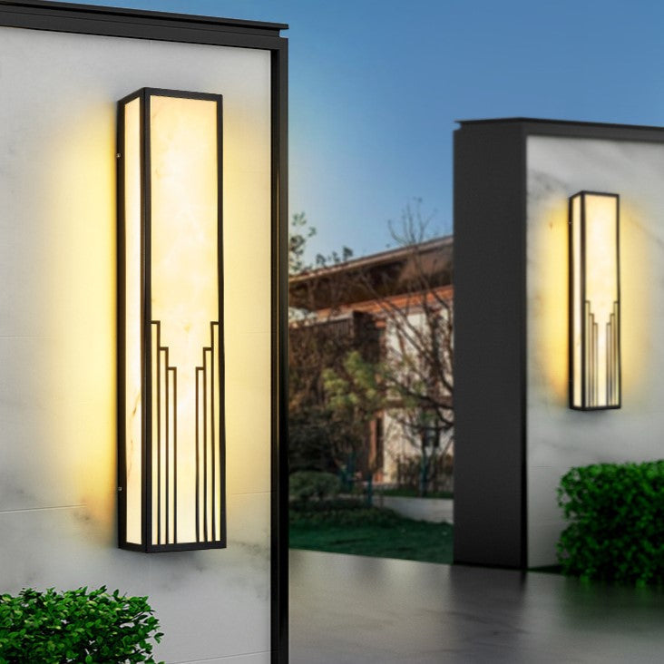 Traditional Chinese Stainless Steel Rectangular Imitation Marble Shade LED Outdoor Wall Sconce Lamp For Garden