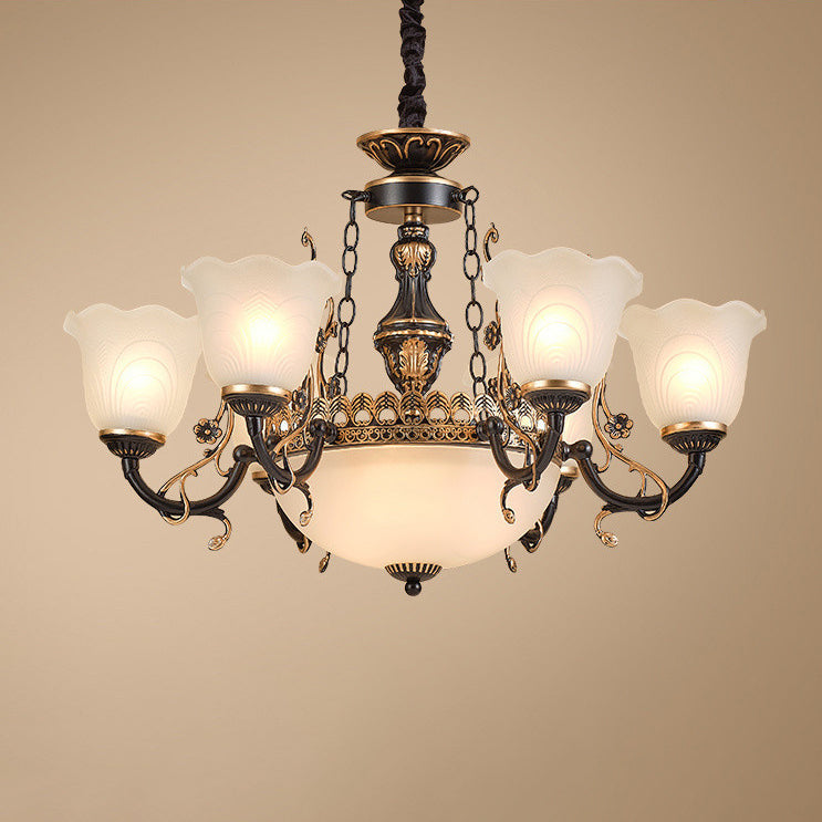 Traditional European Iron Gilded Carving Tulip Glass Shade 6/8-Light Chandelier For Living Room