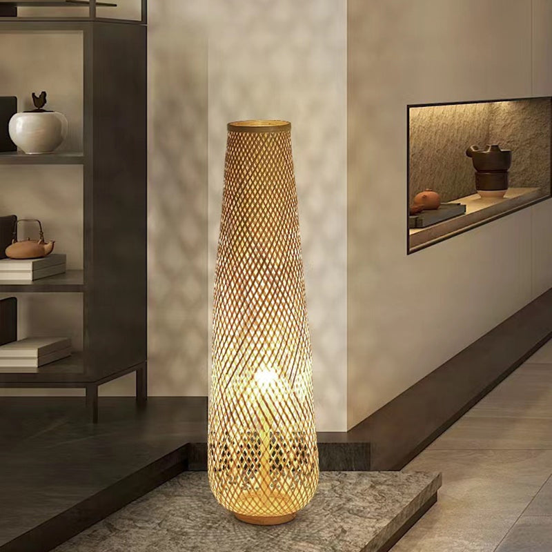 Traditional Japanese Bamboo Weaving Hollow Column 1-Light Standing Floor Lamp For Dining Room