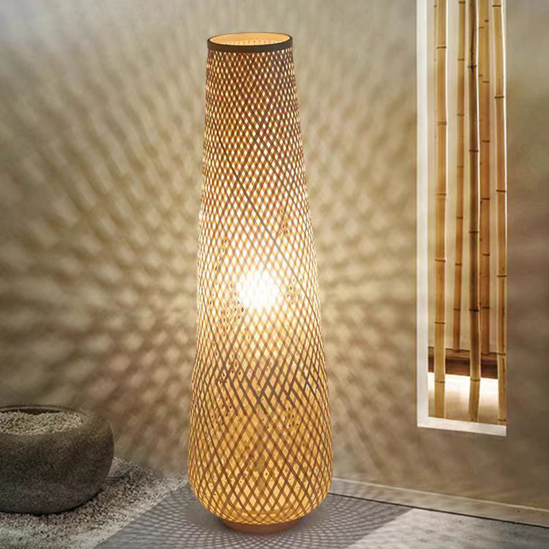 Traditional Japanese Bamboo Weaving Hollow Column 1-Light Standing Floor Lamp For Dining Room
