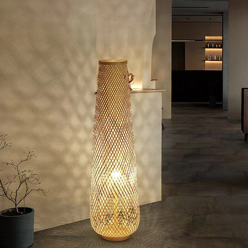 Traditional Japanese Bamboo Weaving Hollow Column 1-Light Standing Floor Lamp For Dining Room