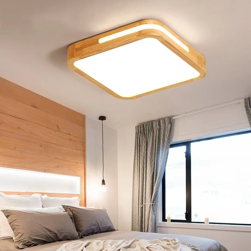 Traditional Chinese Wood Grain Round Acrylic LED Flush Mount Ceiling Light For Living Room