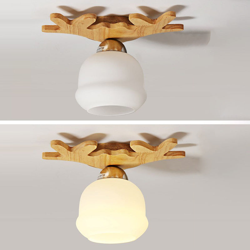 مصباح سقف دائري معاصر بتصميم عتيق من الخشب الصلب مع زجاج ملون على شكل قرون الغزال، مزود بضوء واحد، ومثبت بشكل شبه مسطح، لغرفة النوم