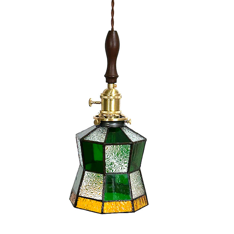 Traditional Vintage Pastoral Rhombus Water Ripple Glass Shade Solid Wood 1-Light Pendant Light For Living Room