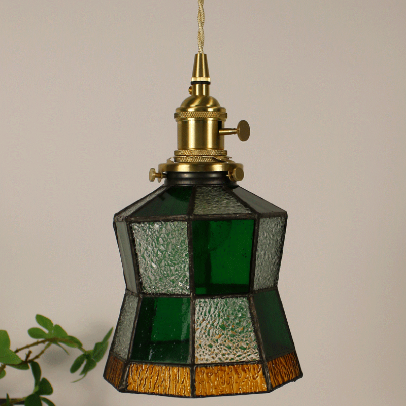 Traditional Vintage Pastoral Rhombus Water Ripple Glass Shade Solid Wood 1-Light Pendant Light For Living Room