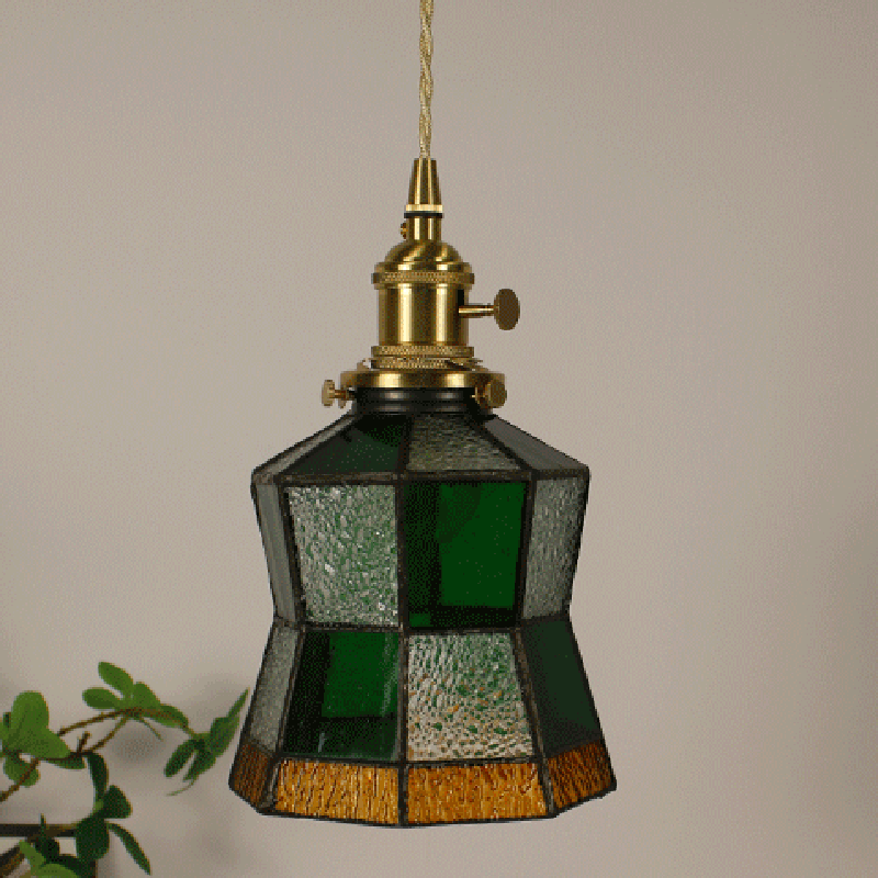 Traditional Vintage Pastoral Rhombus Water Ripple Glass Shade Solid Wood 1-Light Pendant Light For Living Room
