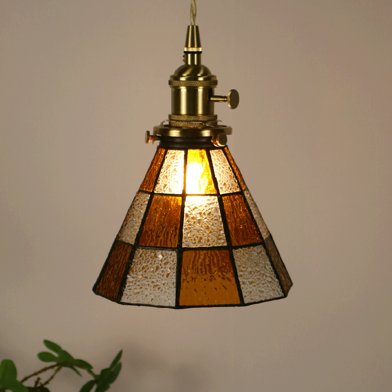 Traditional Vintage Pastoral Conical Water Ripple Glass Shade Solid Wood 1-Light Pendant Light For Living Room