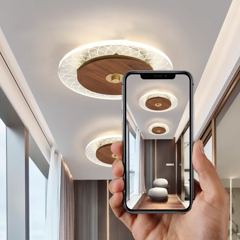 寝室用、現代的なシンプルさを追求した無垢材アクリル製ラウンドLEDフラッシュマウントシーリングライト